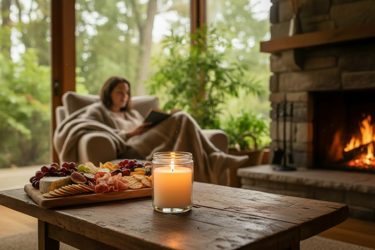 Kelly, founder of Melted Moments with Kelly, reads by a forest-view window with a crackling fireplace. A glowing hand-poured candle and charcuterie board set the scene — warm, calm, and completely at home."