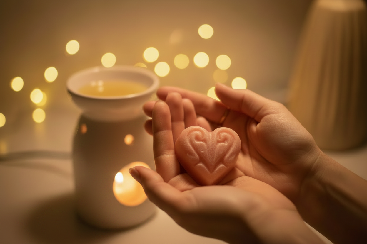 Kelly's warm hands cradling a heart-shaped wax melt, with a softly glowing electric wax warmer in the background — handmade with love by Kelly.