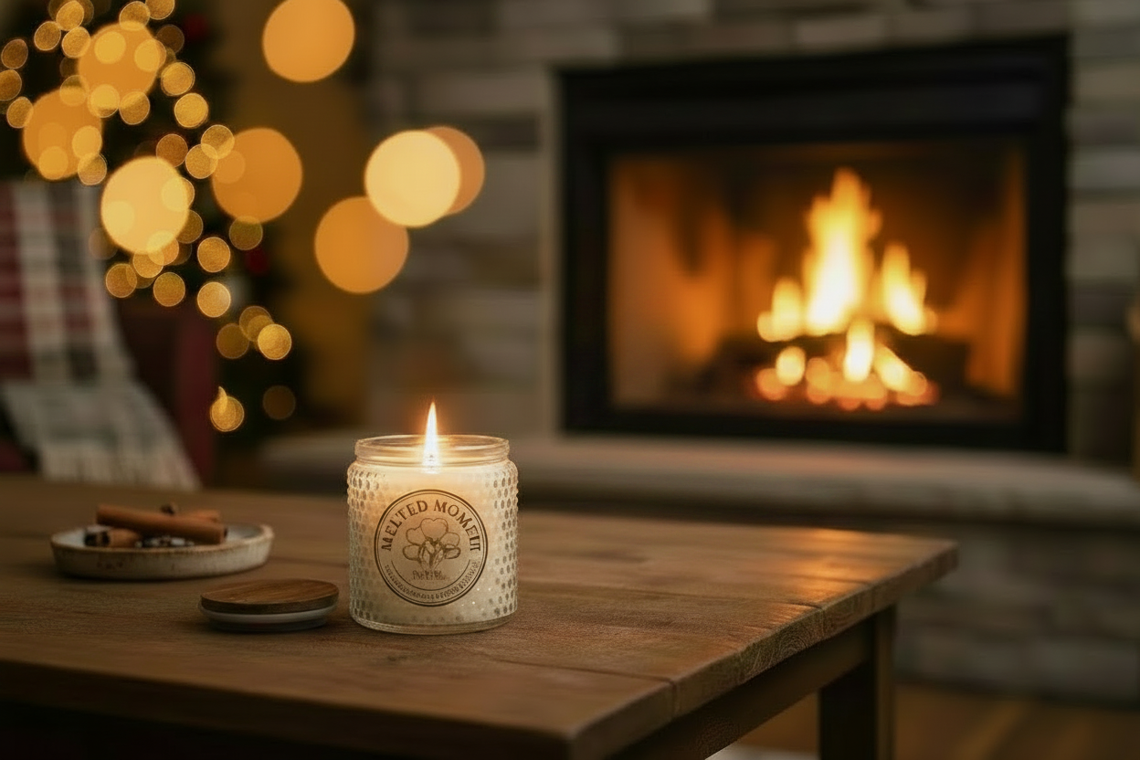 Candle with Melted Moments logo by fireplace
